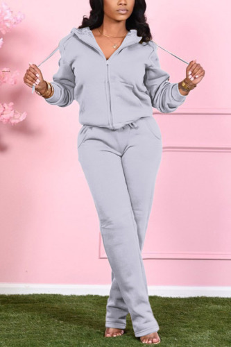 Grey Fashion Casual Adult Solid Draw String Hooded Collar Long Sleeve Regular Sleeve Regular Two Pieces