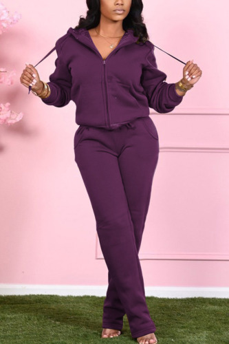 purple Fashion Casual Adult Solid Draw String Hooded Collar Long Sleeve Regular Sleeve Regular Two Pieces