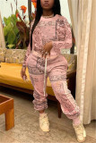 Pink Fashion Sportswear Adult Print Draw String O Neck Long Sleeve Regular Sleeve Regular Two Pieces
