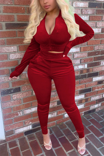 Red Street Pleuche Solid V Neck Long Sleeve Regular Sleeve Regular Two Pieces