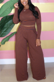 Black Casual Blends Striped Print Pullovers Pants O Neck Long Sleeve Regular Sleeve Short Two Pieces