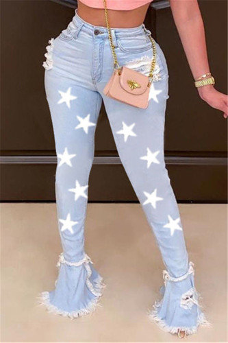 White Street Print Buttons Mid Waist Boot Cut Denim
