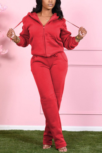 Red Fashion Casual Adult Solid Draw String Hooded Collar Long Sleeve Regular Sleeve Regular Two Pieces