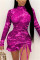 purple Sexy Spandex Gauze Patchwork Print Patchwork Frenulum Flounce Basic Turtleneck Long Sleeve Mini Wrapped Skirt Dresses