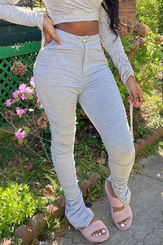 Light Gray Fashion Casual Street Sportswear Solid Pocket Buttons Slit Fold Pants Skinny Bottoms
