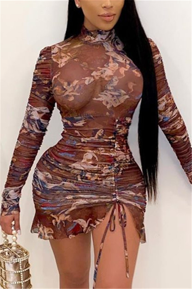 

Coffee Sexy Spandex Gauze Patchwork Print Patchwork Frenulum Flounce Basic Turtleneck Long Sleeve Mini Wrapped Skirt Dresses
