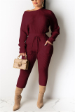 Wine Red Casual Daily Pit Article Fabrics Solid Pullovers Pants O Neck Long Sleeve Regular Sleeve Regular Two Pieces