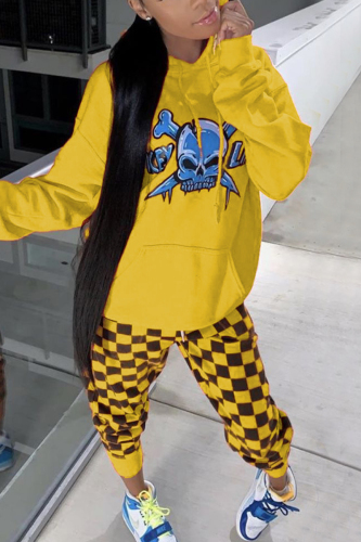 Yellow Fashion Skull Head Plaid Print Draw String Hooded Collar Long Sleeve Cap Sleeve Regular Two Pieces