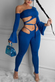 Blue Sexy Spandex Twilled Satin Solid Pierced Hollowed Out Pants One Shoulder Long Sleeve Flare Sleeve Short Two Pieces