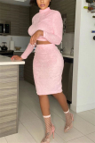 Pink Casual Plush Patchwork Solid Patchwork O Neck Long Sleeve Regular Sleeve Short Two Pieces