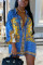 Blue Sexy Print Split Joint Turndown Collar Long Sleeve Mini A Line Dresses