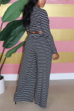Black Casual Blends Striped Print Pullovers Pants O Neck Long Sleeve Regular Sleeve Short Two Pieces