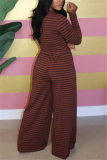 Coffee Casual Blends Striped Print Pullovers Pants O Neck Long Sleeve Regular Sleeve Short Two Pieces