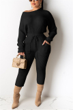 Black Casual Daily Pit Article Fabrics Solid Pullovers Pants O Neck Long Sleeve Regular Sleeve Regular Two Pieces