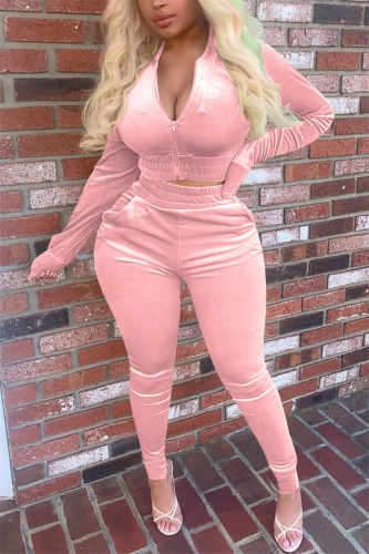 Pink Street Pleuche Solid V Neck Long Sleeve Regular Sleeve Regular Two Pieces