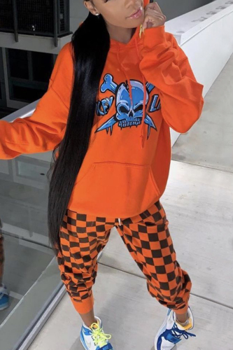 Orange Fashion Skull Head Plaid Print Draw String Hooded Collar Long Sleeve Cap Sleeve Regular Two Pieces