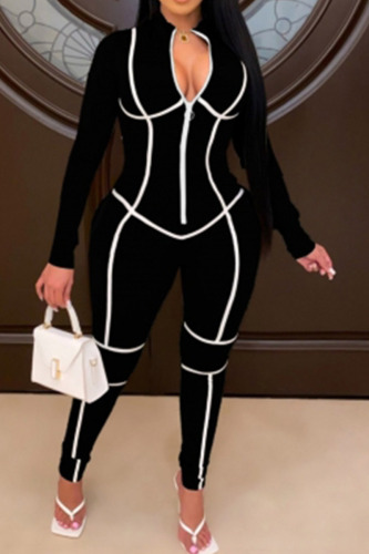 Black Casual Sportswear Zipper Collar Long Sleeve Regular Sleeve Solid Plus Size Set