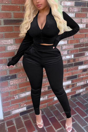 Black Street Pleuche Solid V Neck Long Sleeve Regular Sleeve Regular Two Pieces