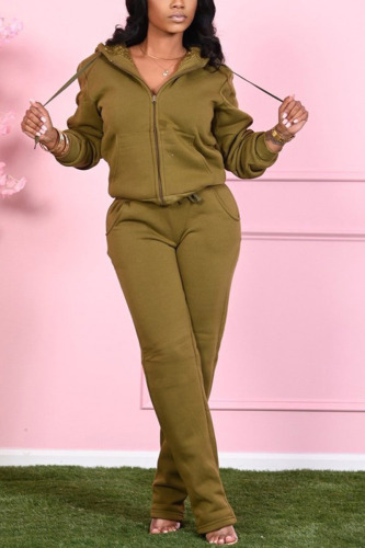 Army Green Fashion Casual Adult Solid Draw String Hooded Collar Long Sleeve Regular Sleeve Regular Two Pieces