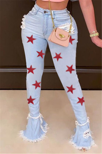 Red Street Print Buttons Mid Waist Boot Cut Denim
