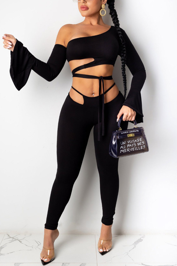 Black Sexy Spandex Twilled Satin Solid Pierced Hollowed Out Pants One Shoulder Long Sleeve Flare Sleeve Short Two Pieces