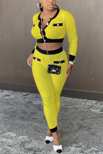 Yellow Street Geometric Patchwork O Neck Long Sleeve Regular Sleeve Short Two Pieces