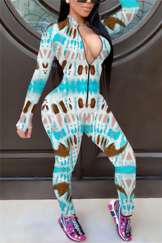 Blue Fashion Print Patchwork O Neck Regular Jumpsuits