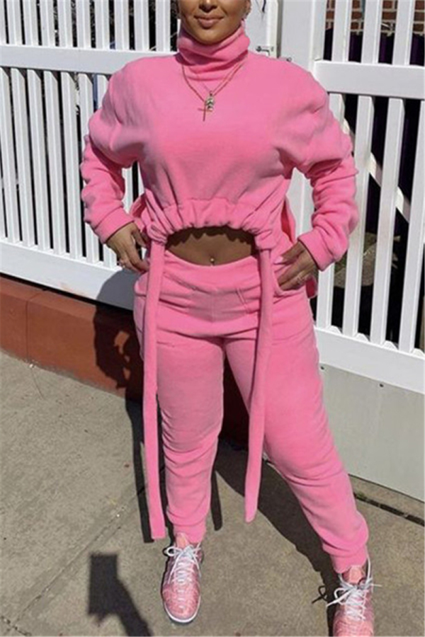 Pink Fashion Street Adult Solid Draw String Turtleneck Long Sleeve Regular Sleeve Short Two Pieces