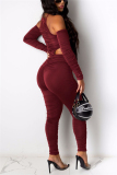 Wine Red Fashion Sexy O Neck Off The Shoulder Skinny Solid Jumpsuits