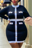 Navy Blue Sexy Print O Neck Long Sleeve Dress Plus Size 