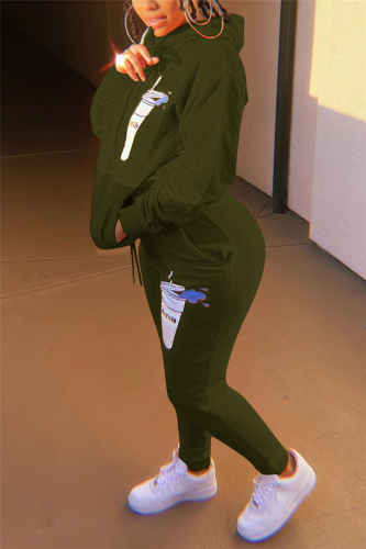 Army Green Fashion Casual Adult Letter Print Letter Hooded Collar Long Sleeve Regular Sleeve Regular Two Pieces