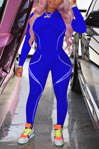 Royal blue Fashion Sexy adult Ma'am Patchwork Print Two Piece Suits pencil Long Sleeve Two Pieces