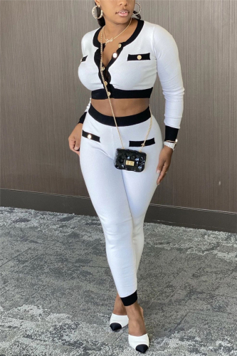 White Street Geometric Patchwork O Neck Long Sleeve Regular Sleeve Short Two Pieces