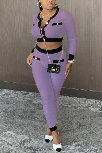 purple Street Geometric Patchwork O Neck Long Sleeve Regular Sleeve Short Two Pieces