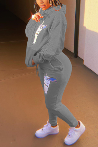 Grey Fashion Casual Adult Letter Print Letter Hooded Collar Long Sleeve Regular Sleeve Regular Two Pieces