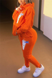 Orange Fashion Casual Adult Letter Print Letter Hooded Collar Long Sleeve Regular Sleeve Regular Two Pieces