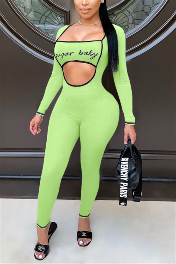 Green Sexy Print Long Sleeve O Neck Jumpsuits