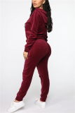 Wine Red Fashion Casual Long Sleeve Hooded Collar Regular Sleeve Regular Solid Two Pieces