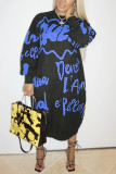 Blue Spandex Air Layer Fabric Letter Print Letter Basic O Neck Long Sleeve Mid Calf Straight Dresses