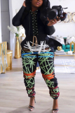 Green Fashion Street Print Pants Bandage Design Solid Color Tops Two Piece Set
