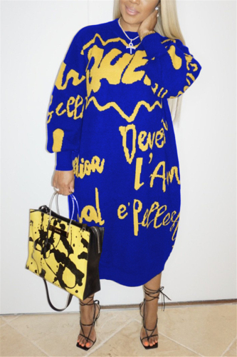 Blue Fashion Casual Regular Sleeve Long Sleeve O Neck T-shirt Dress Mid Calf Letter Print Dresses
