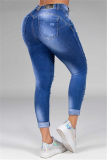 Light Blue Fashion Casual Regular Solid Mid Waist Broken Hole Jeans