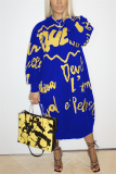 Blue Fashion Casual Regular Sleeve Long Sleeve O Neck T-shirt Dress Mid Calf Letter Print Dresses