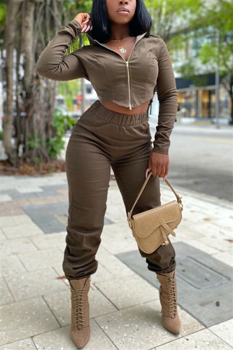 Khaki Fashion Street Adult Solid Patchwork Hooded Collar Long Sleeve Regular Sleeve Short Two Pieces