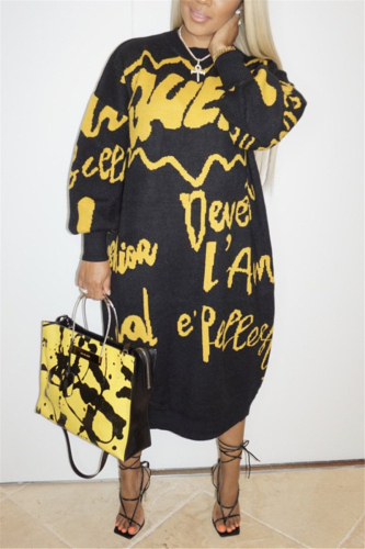 Black Fashion Casual Regular Sleeve Long Sleeve O Neck T-shirt Dress Mid Calf Letter Print Dresses