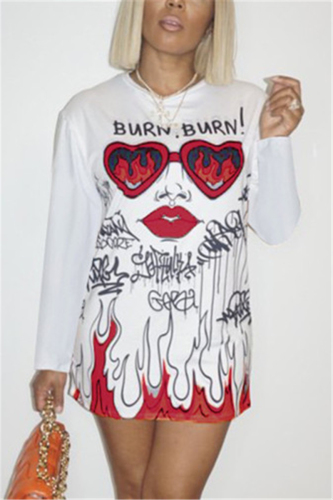 White Sexy Graffiti O Neck Long Sleeve Long Sleeve Dress Dresses