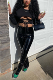 Black Sexy Faux Leather Solid Patchwork O Neck Long Sleeve Regular Sleeve Short Two Pieces