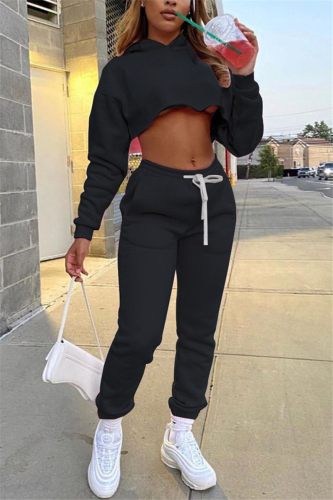 Black Casual Solid Patchwork Hooded Collar Long Sleeve Regular Sleeve Short Two Pieces