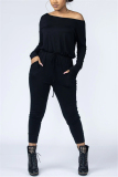 Black Fashion Casual Oblique Collar Long Sleeve Regular Sleeve Regular Solid Jumpsuits