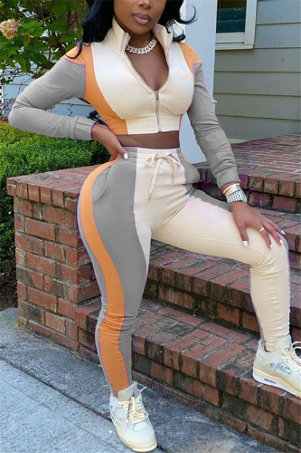 Grey Fashion Casual Adult Patchwork Solid Patchwork O Neck Long Sleeve Regular Sleeve Regular Two Pieces
